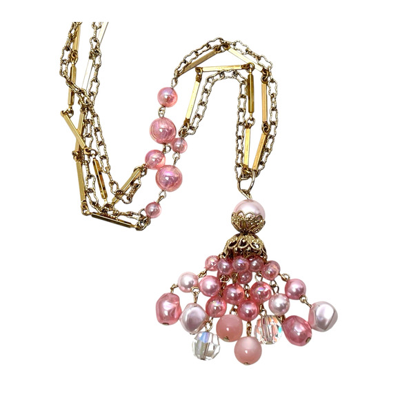 Coro Tassel Necklace Pink Dangle Beads Bar Links Gold Tone 27" Soft Boho Vtg - Picture 1 of 13